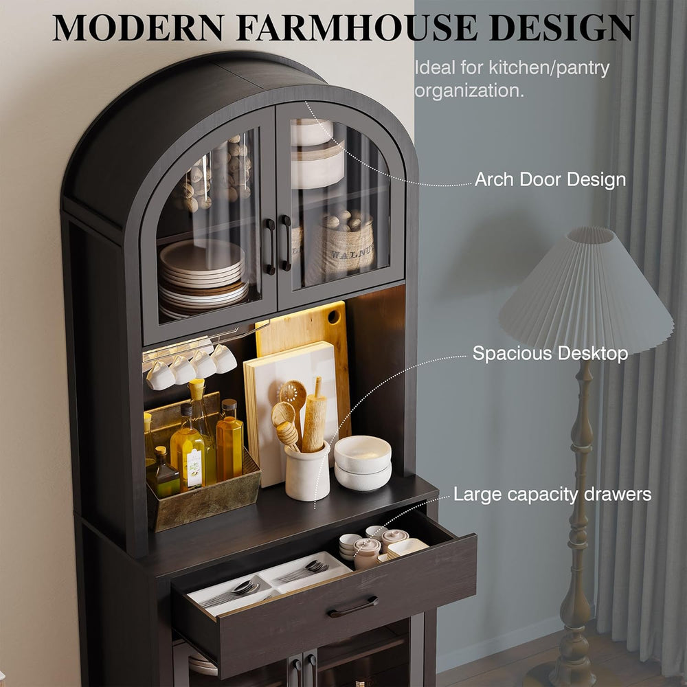 Arched Kitchen Pantry Storage Cabinet, Black Wooden Coffee Bar Cabinet with D...