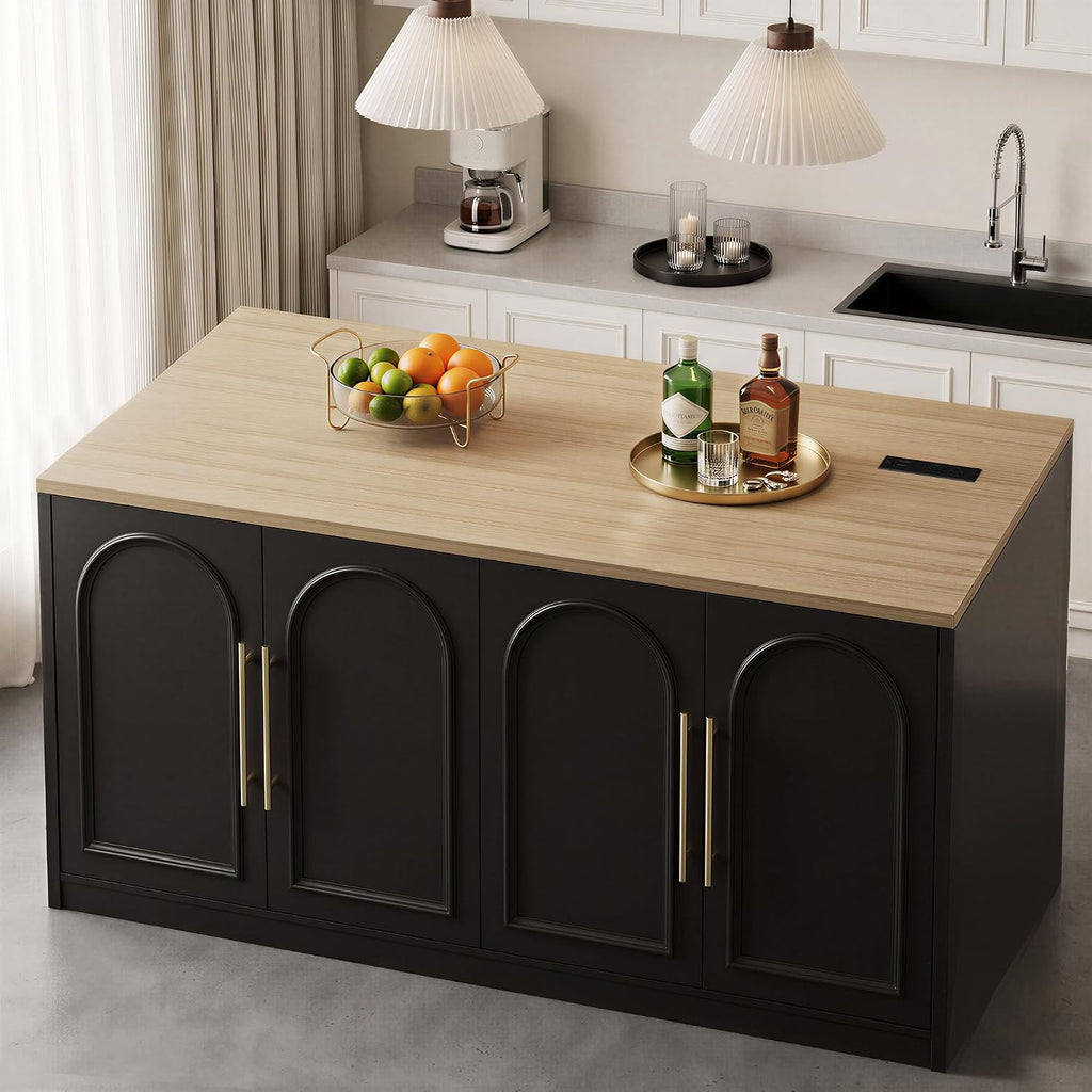 Large Kitchen Island, 63" L Kitchen Island Table with Power Outlet | Wooden Island Bar Table with 4 Arch Doors Kitchen Island with Storage Cabinet & Seating Room for Dining Room, Home Bar, Black