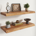 RICHFOCUS Live Edge Elm Floating Shelves - 30" W x 9.3" D Rustic Solid Wood Wall Shelves with Invisible Bracket, Wall-Mounted for Living Room, Bedroom, Kitchen Storage & Display, Set of 2, Natural