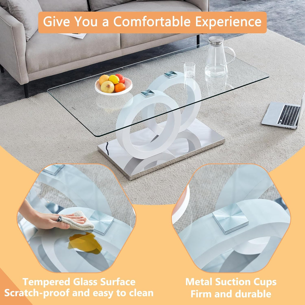 Glass Coffee Table for Living Room, White Modern Rectangular Center Table, 47” Living Room Table with Clear Tempered Glass Top with MDF OO Legs and Silver Metal Base (White, 47.2 inches)