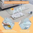 Glass Coffee Table for Living Room, White Modern Rectangular Center Table, 47” Living Room Table with Clear Tempered Glass Top with MDF OO Legs and Silver Metal Base (White, 47.2 inches)