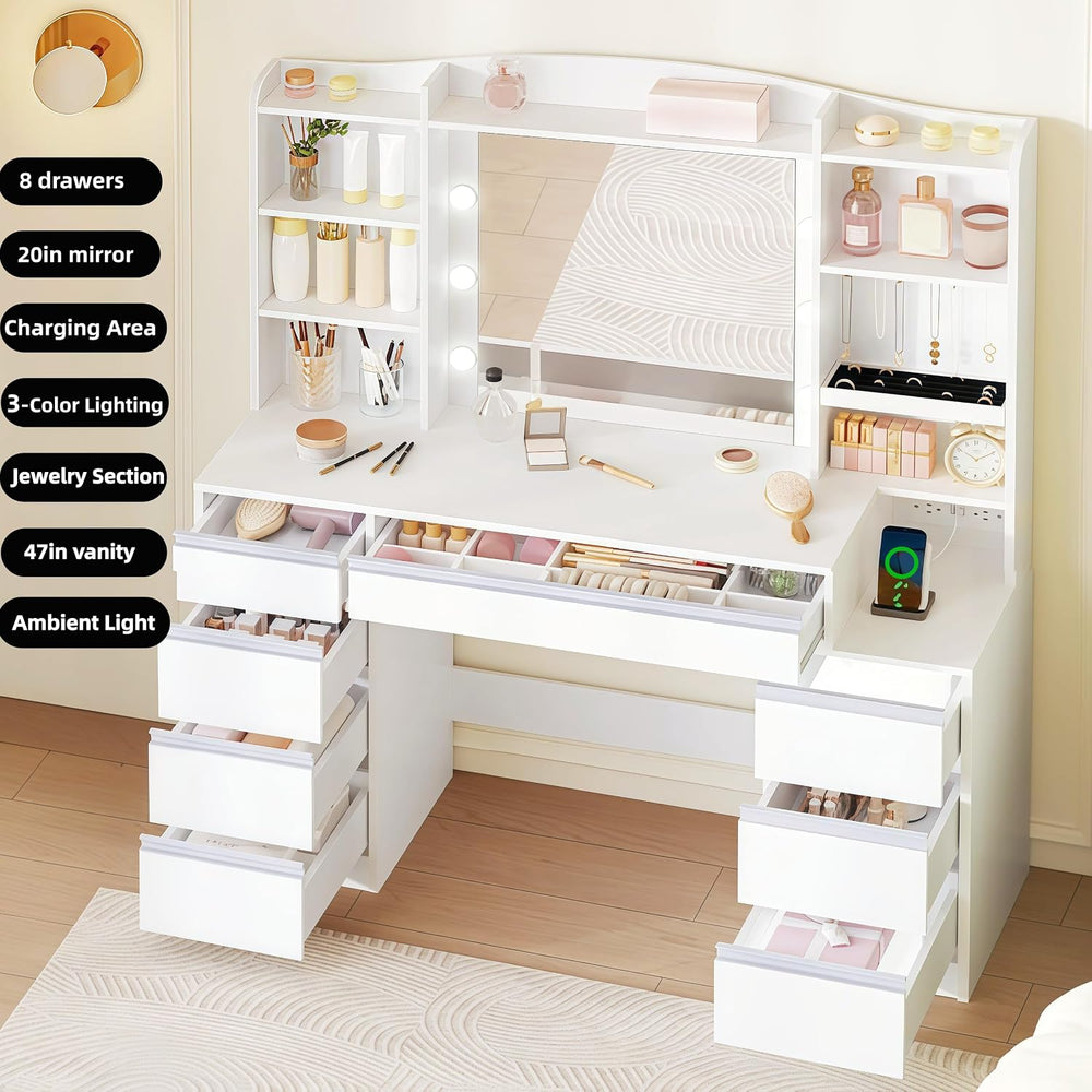 HEXCELEN 47" Vanity Desk with LED Lights, 8 Drawers, 20" Mirror, 2A...