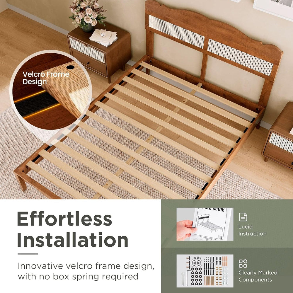 Sophia & William Queen Bed Frame with Headboard, Solid Wood Bedframe