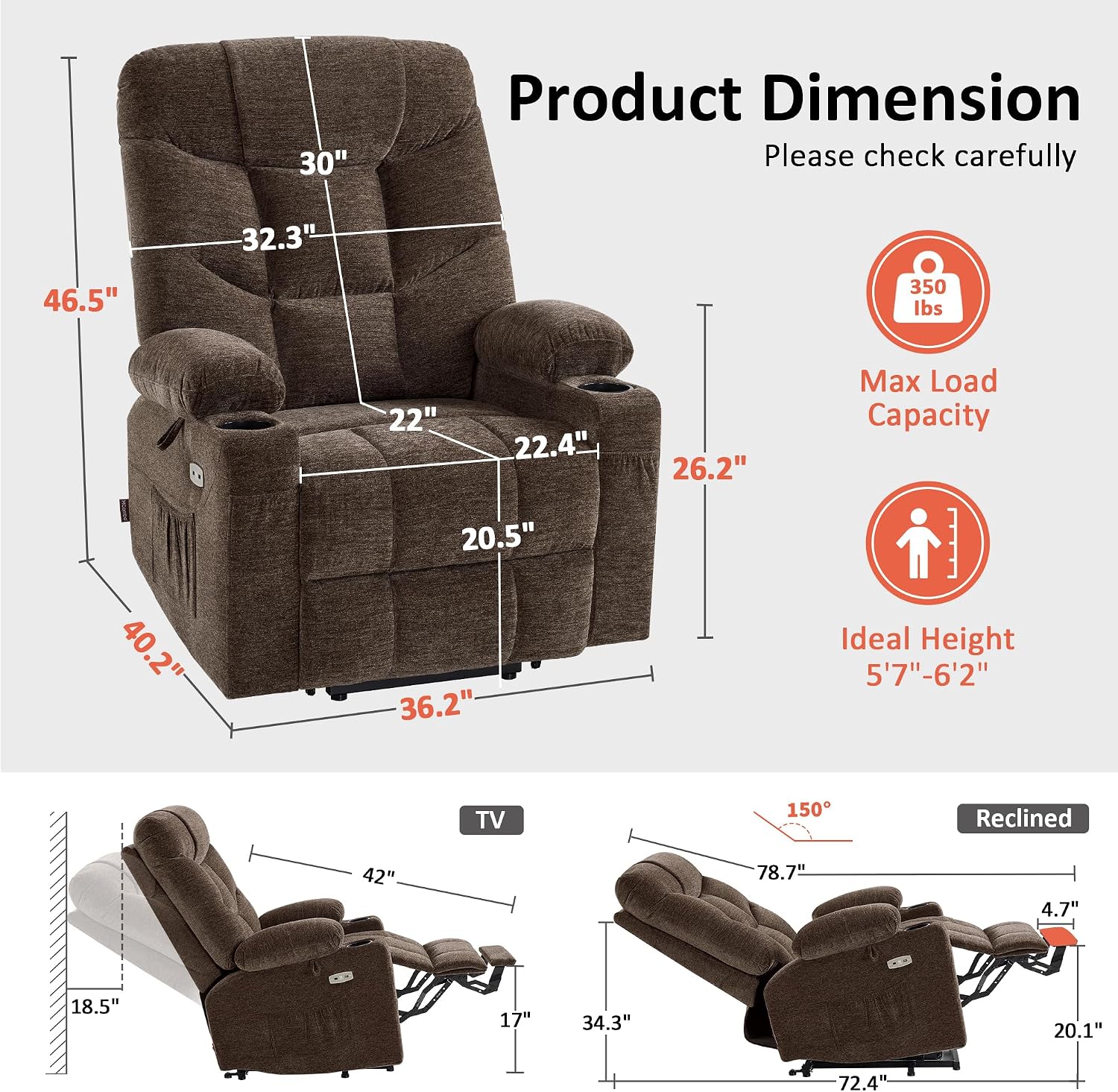 MCombo Power Lift Recliner Chair for Elderly, Fabric 7283 (Brown, Large) | Extra Extended Footrest, Cup Holders, USB Ports, Soft & Comfortable Fabric