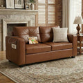 TYBOATLE 65" Faux Leather Sofa Couches for Living Room, Mid-Century Modern Tufted Comfy Loveseat w/USB Charging Ports and Wide Arms, 2 Seater Office Small Couch for Small Space Bedroom, Brown