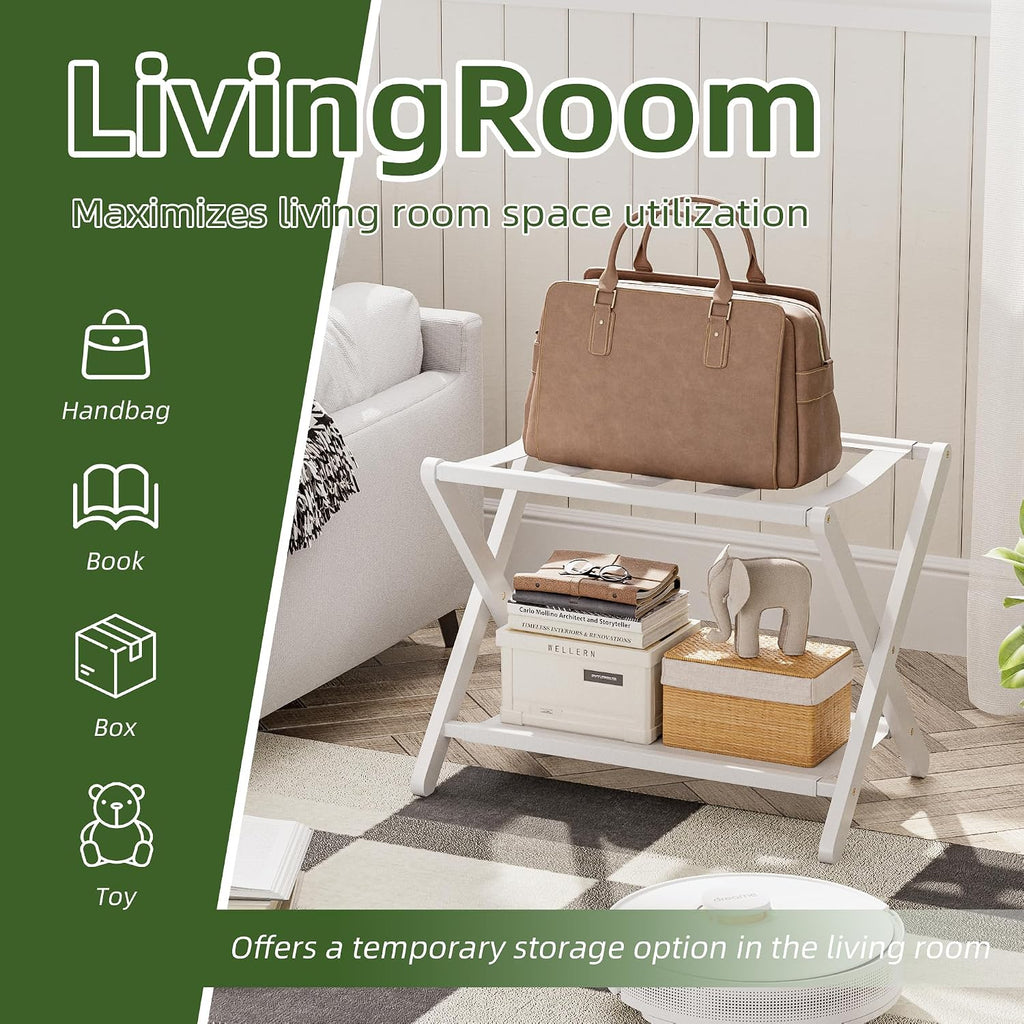 Luggage Rack, Folding Suitcase Stand with Storage Shelf, Premium Bamboo Luggage Holder for Guest Room, Bedroom, Hotel, Closet, Holds up to 135 lb (White)