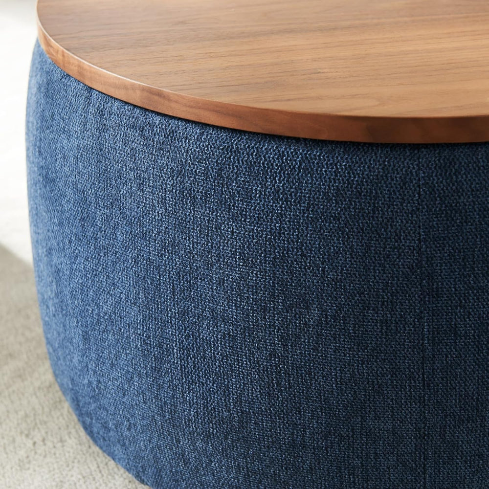 Round Storage Ottoman, 2 in 1 Function, Work as End Table and Ottoman, Navy (...