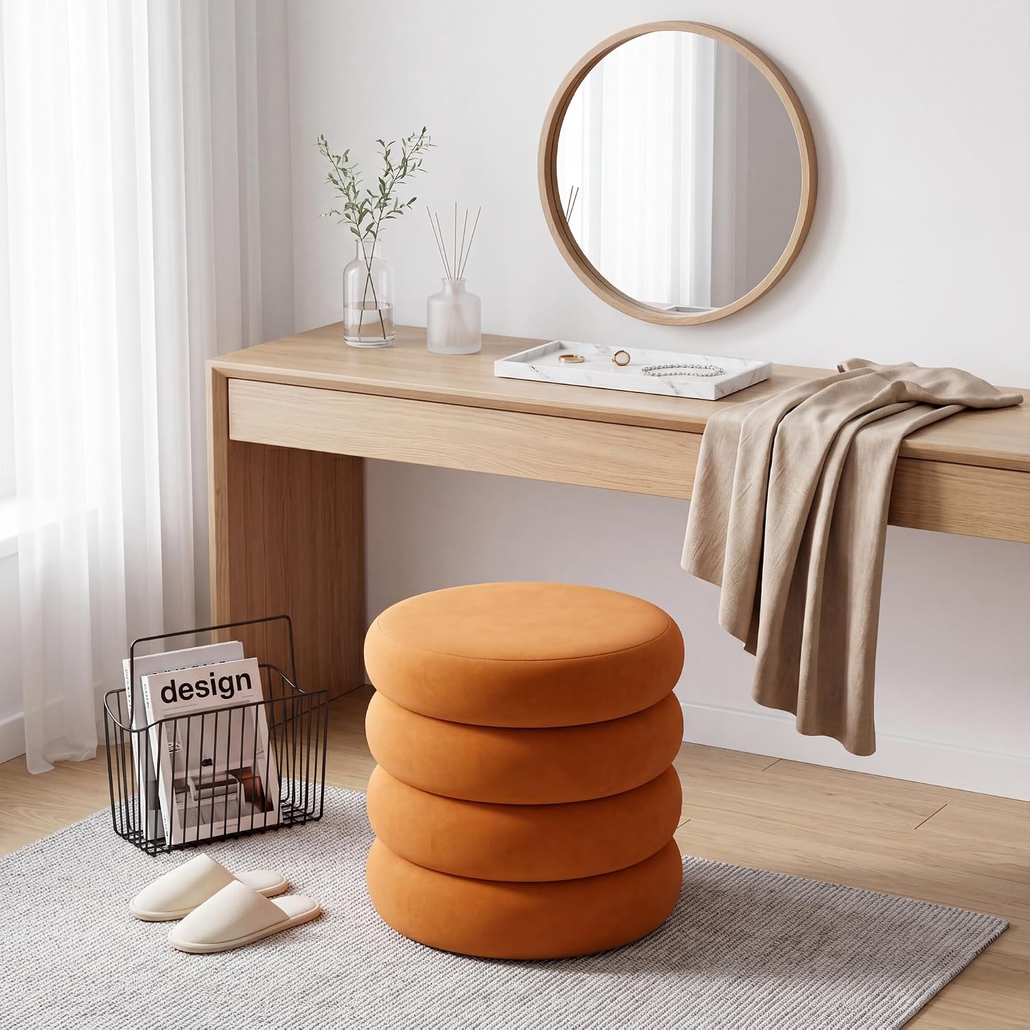 Compact Round Ottoman with Storage, Small Velvet Vanity Stool for Dorm, Modern Tufted Circle Ottoman with Removable Lid for Entryway and Lounge, Orange