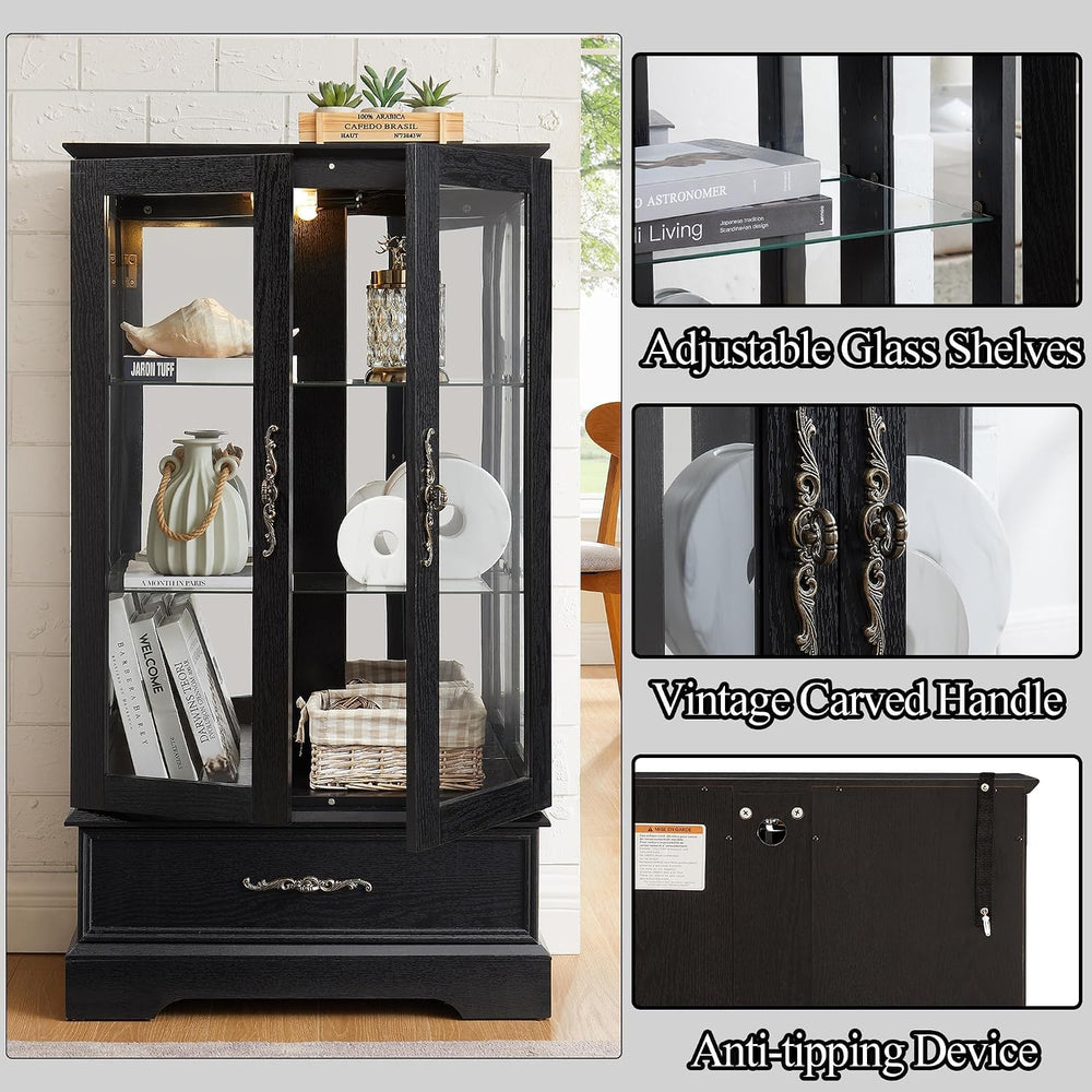 3-Tier Lighted Glass Curio Display Cabinet, 47" H Glass Storage Cabinet ...