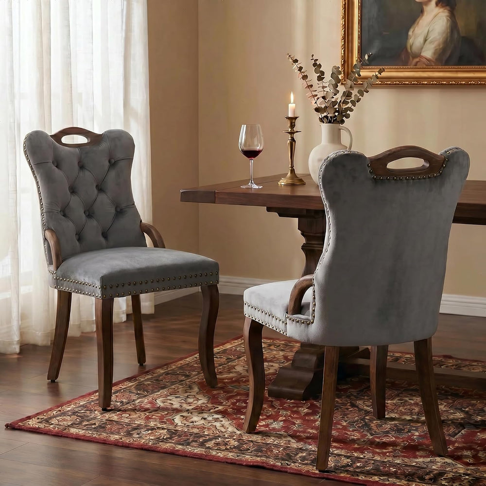 High Back Dining Chairs Set of 2 Vintage Velvet Upholstered Solidwood (Gray)