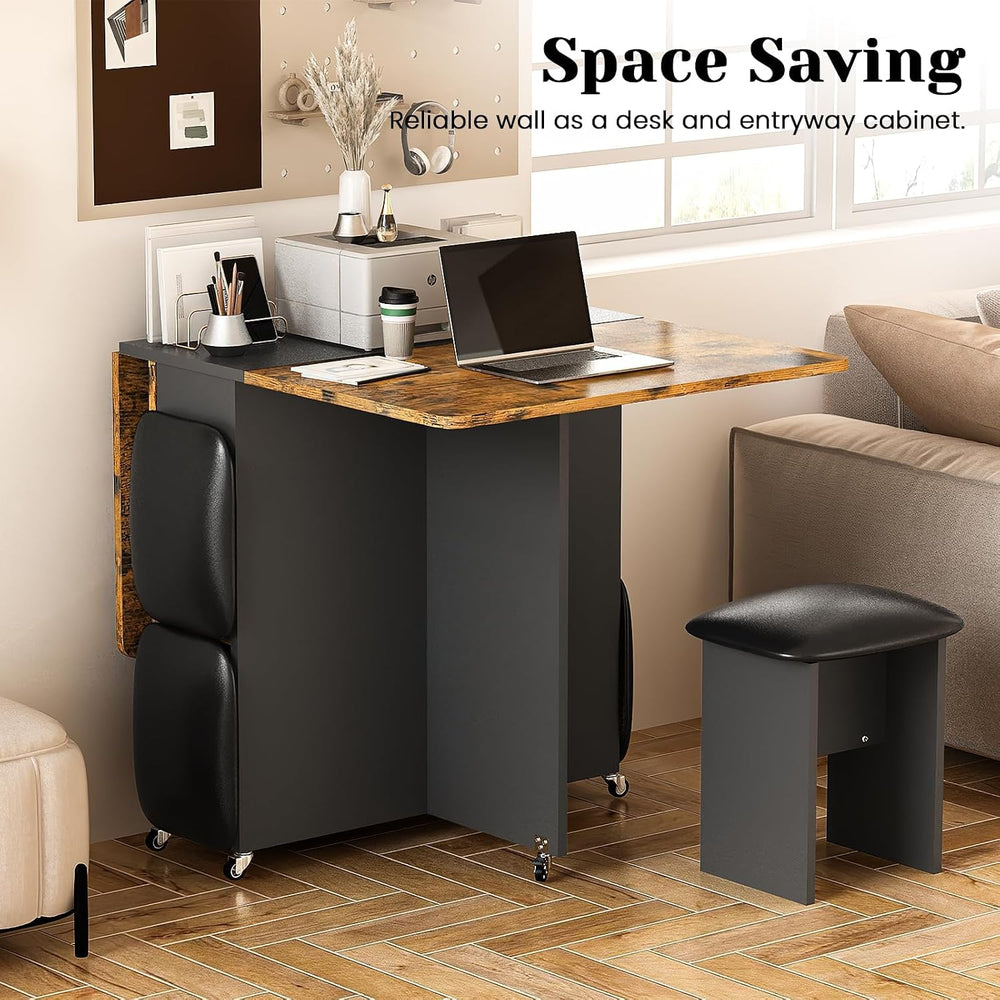 furlinkhm Folding Dining Table Set for 4, Dinner Table with 4 Leather Chairs ...