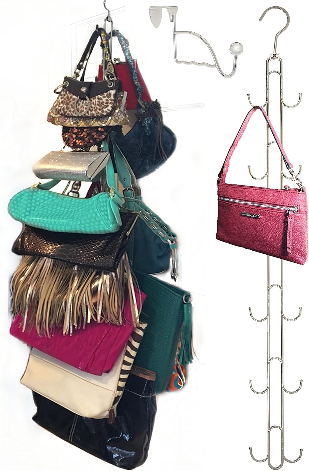 Over Door and Closet Purse Hanger Organizer- 12++ Max Purse Storage, Bag Holder Rotates 360, Quality Heavy Duty Chrome Holds 50lbs; Purses, Handbags, Totes, Crossbody, Backpacks, Fanny, Belt Bags