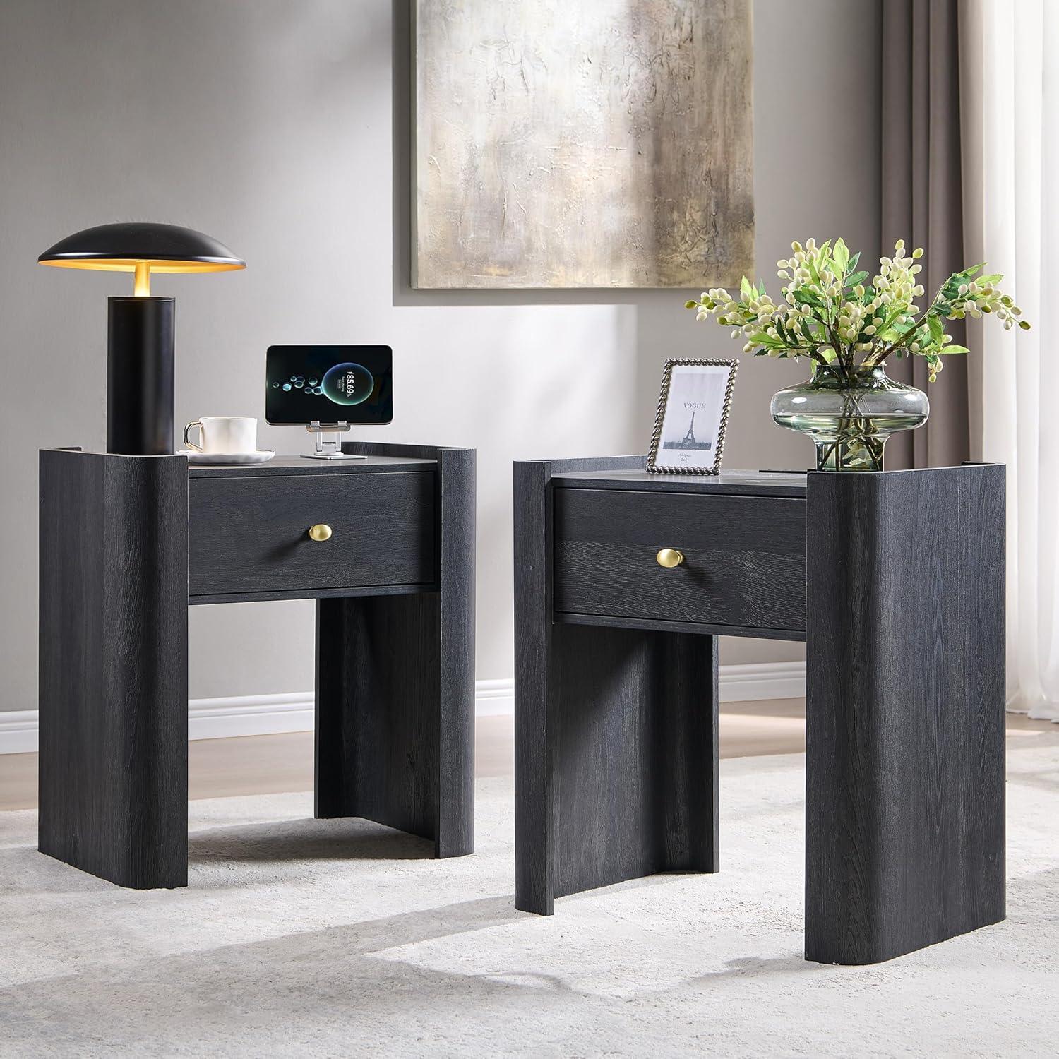 23.6" Tall Modern Nightstand Set of 2, 22" Wide Curved Bedside Table with Charging Station, Wooden Night Stand with 1 Storage Drawer, Large End Table for Bedroom, Living Room, Dark Grey