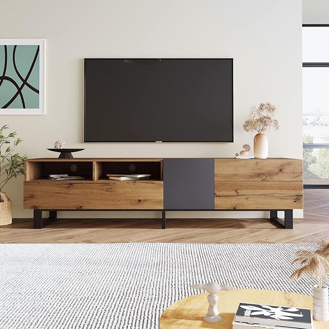 Ball & Cast 70" Modern TV Stand for TVs up to 80", Media Console with Drop-Down Door, 2 Drawers & Adjustable Shelf, Entertainment Center w/Ample Storage for Living Room, Home Theatre,Wood