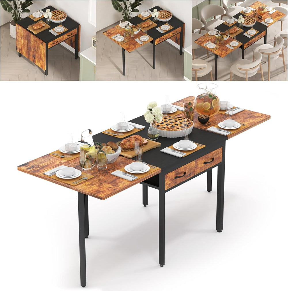 Folding Dining Table,Dining Room Table with Drawers,Industrial Extendable Tab...