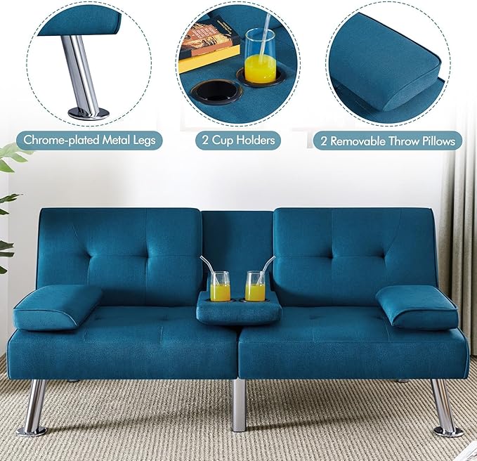 Yaheetech Convertible Sofa Bed Adjustable Fabric Couch Sleeper Modern Recliner Reversible Loveseat Folding Daybed Guest Bed, Removable Armrests, Cup Holders, 3 Angles, 772lb Capacity, Aqua Blue