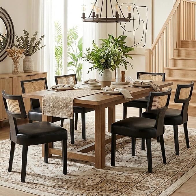 HNY Mid Century Modern Rattan Dining Chairs Set of 6, Farmhouse PU Leather Upholstered Accent Chair Curved Backrest Kitchen Chairs, with Black Hardwood Frame, Black