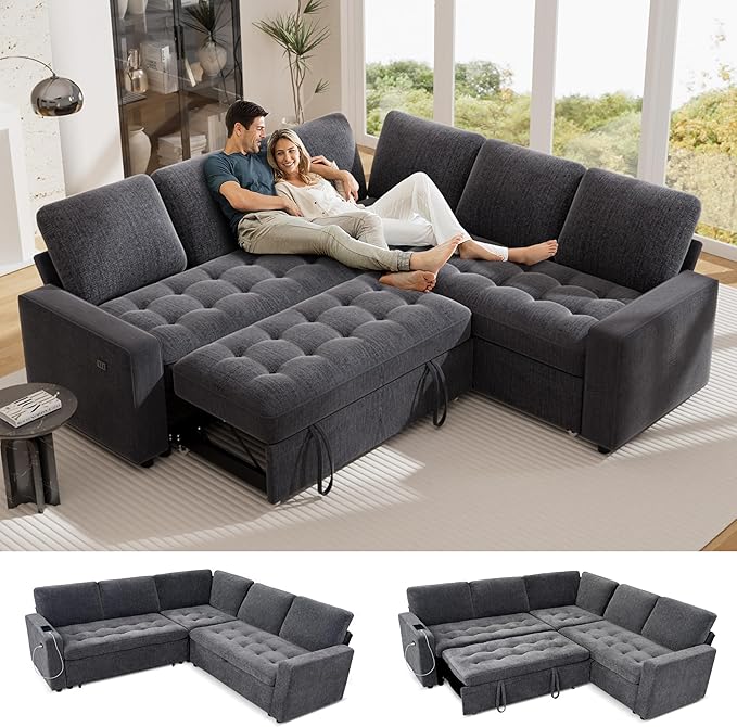 Vipbear 5 Seat L Shaped Modular Sectional Sleeper Sofa Bed with Pull Out Bed/Reclining Backrest/USB Ports/Storage Seat, Sectional Sleeper Couch, Tool-Free Assembly, Chenille Dark Grey