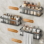 Shower Caddy Adhesive 2Pack with Hooks and Rod for Towels Black-Premium Bathroom Shower Shelves Shampoo Organizer Rack Storage Bathtub Shelf Rustproof Easy Installation Sturdy Build Sleek Modern Look