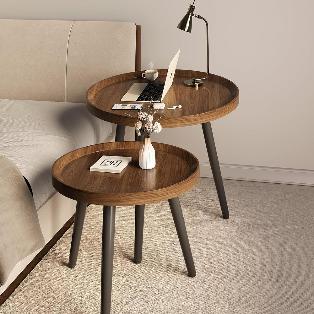 2PCS Small Round Coffee Table Set, Walnut Mid Century Modern Nesting Tables |...