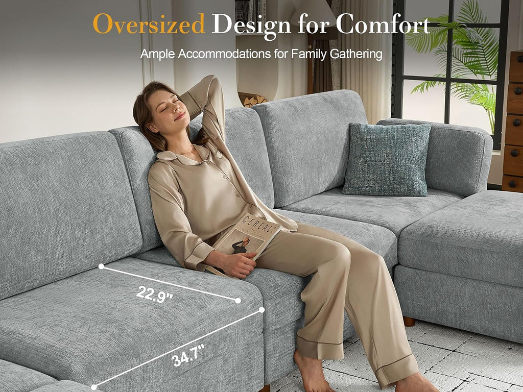 Oversized Modular Sectional Sofa V-Shaped Cloud Couches Gray | 7 Seater Large Deep Seat Couch Luxury Sectional Couches for Living Room, Solid Wood Frame, Removable Washable Cover