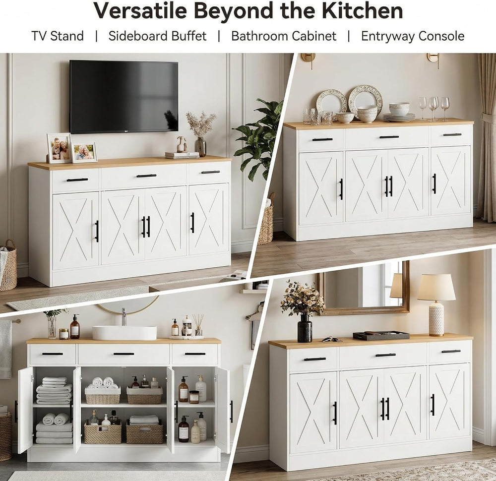 Coffee Bar Cabinet with Storage, Farmhouse Buffet Cabinet with 4 Doors & ...