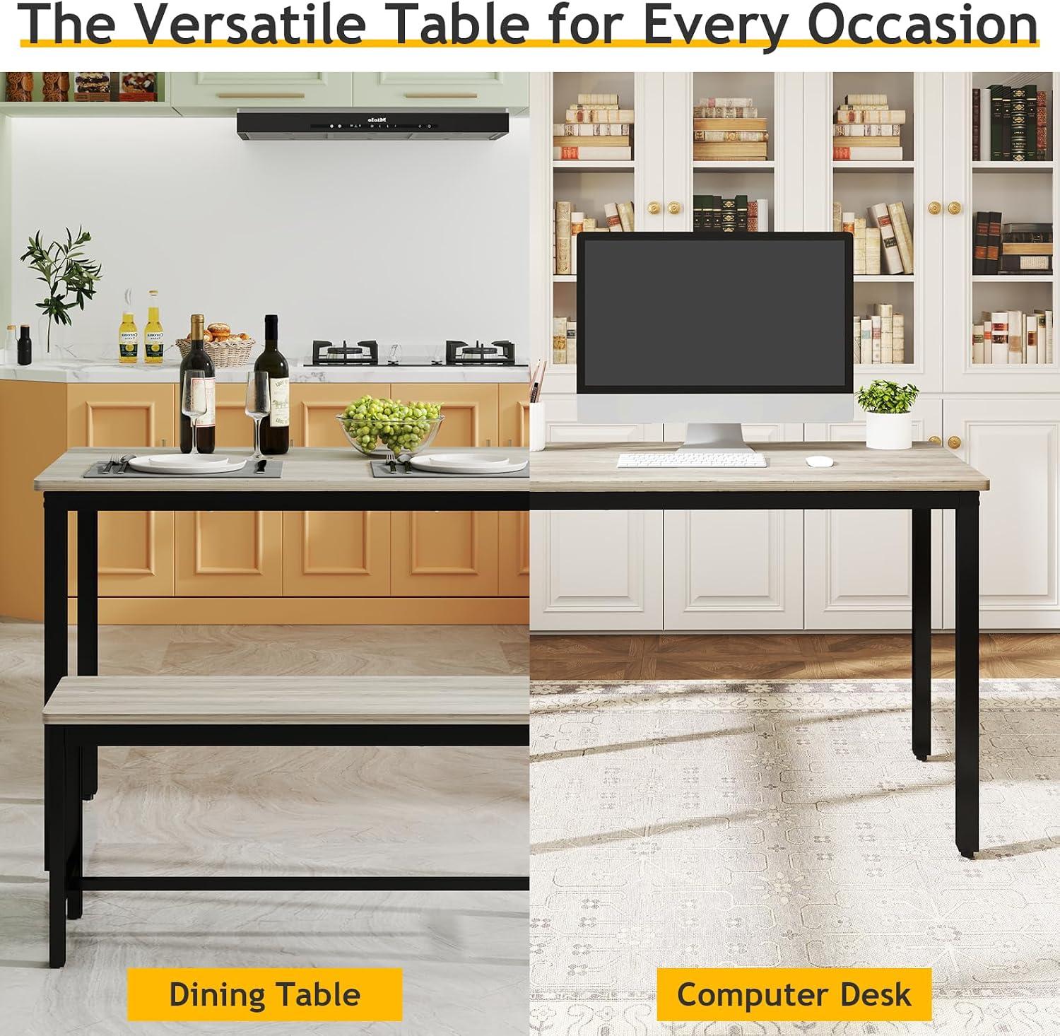 Rovibek 43" Dining Table Benches Set for 4, Modern Space Saving Kitchen Table Chairs & Adjustable Feet Breakfast Table 2 Benches, Wooden Industrial Style Farmhouse, Light Grey