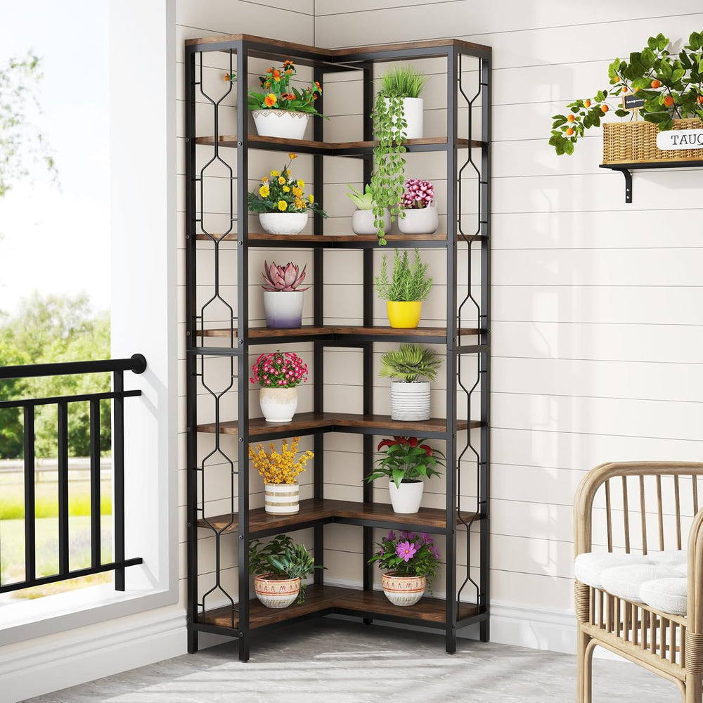 Tribesigns Corner Shelf, 7-Tier Industrial Corner Bookshelf and Bookcase | Fr...