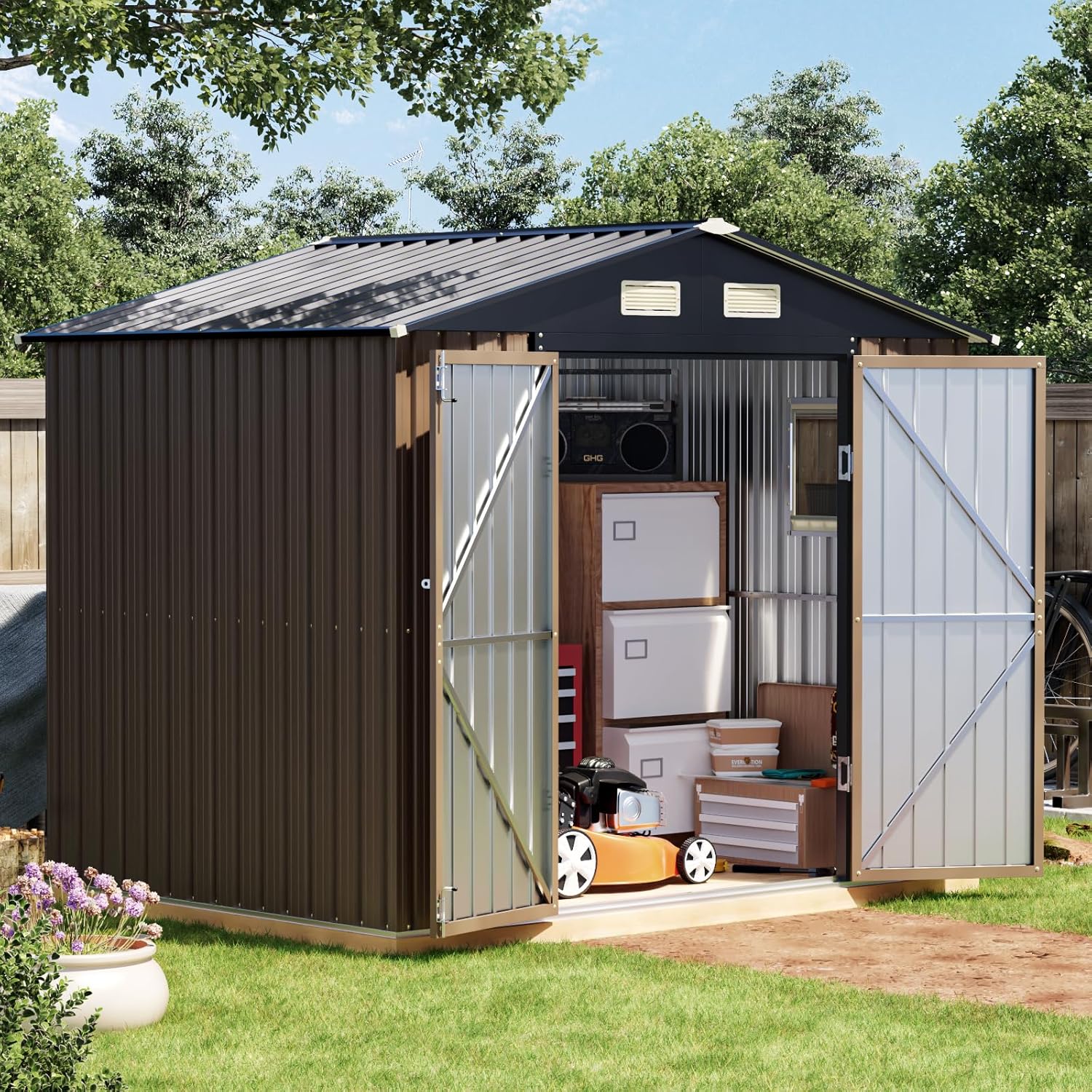6x8FT Outdoor Metal Storage Shed, Double Door, 1 Clear Window, Tool Shed for Garden, Patio, Backyard Brown