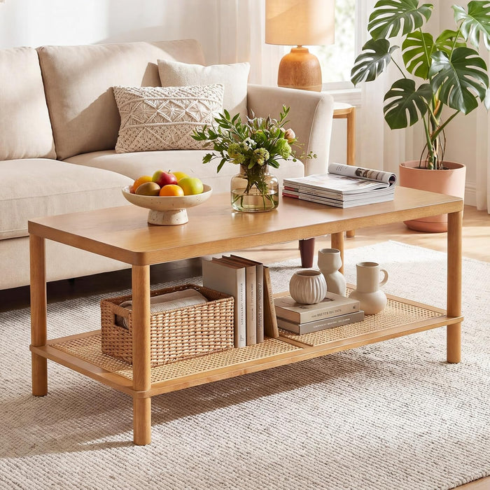 GIANTEX Rattan Coffee Table, 39" Farmhouse Center Table with Rubber Wood Frame & PVC Rattan Storage Shelf, Boho Rectangular Accent Cocktail Tea Table, Wood Coffee Table for Living Room (Brown)