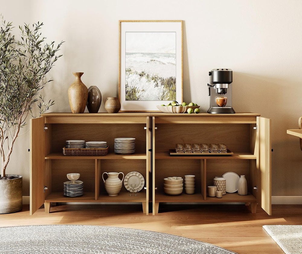 WAMPAT 71" Wide Wood Sideboard Buffet Table with 4 Doors – Large Oak Cre...