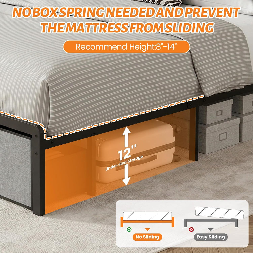 Queen Bed Frame with 2 Storage Drawers & Charging Station, Headboard, Grey