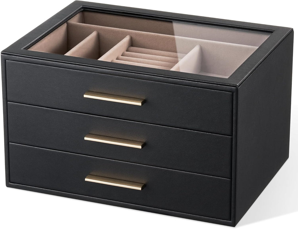 pickpiff Jewelry Box Organizer Case for Women: 3-Layer Jewelry Storage Case with Glass Window, Black Leather with Blush Velvet, Holder for Ring Necklace Bracelet Brooch Watch, Great Gift for Her