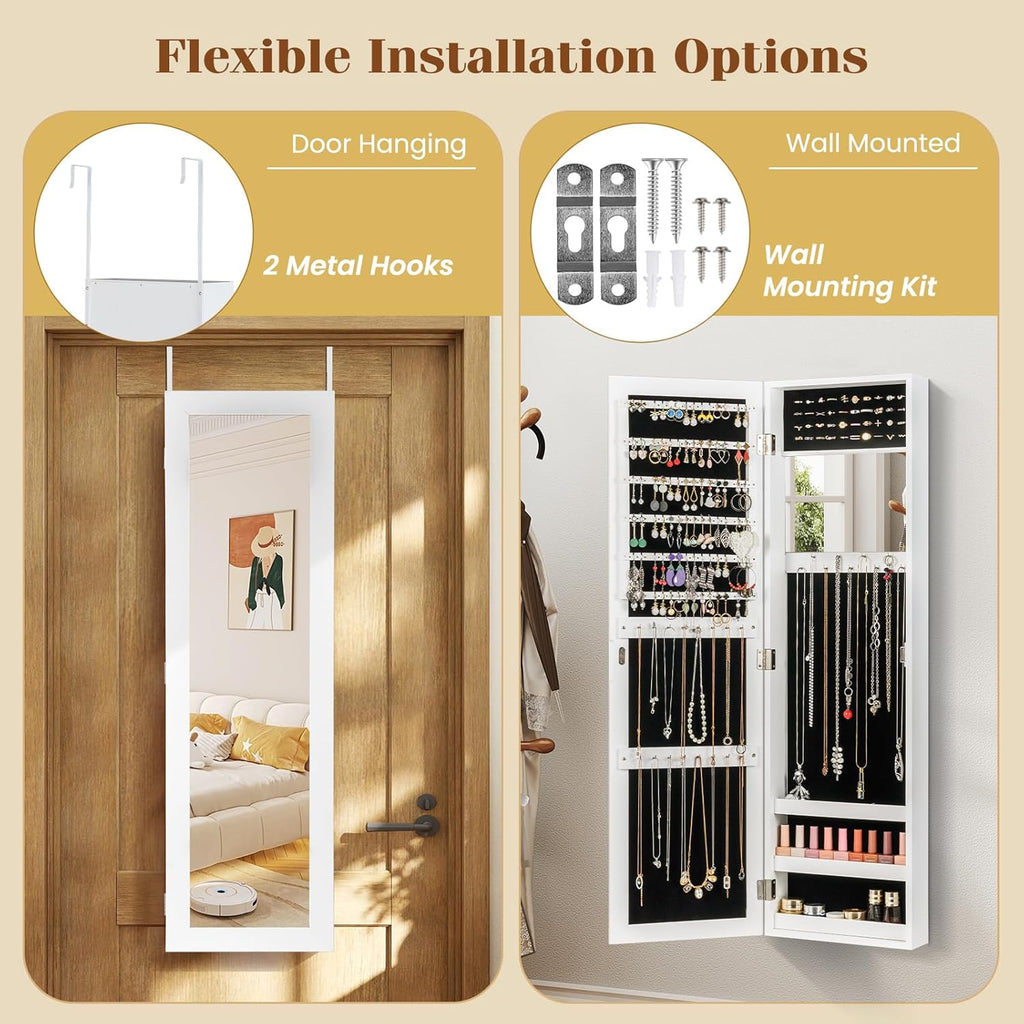 Giantex Wall Mounted Jewelry Cabinet with Full Length Mirror, Over The Door Jewelry Armoire Organizer with Large Storage, Makeup Mirror & Velvet Lining (White)