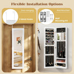 COSTWAY Full Length Mirror Jewelry Cabinet, Wall Door Mounted with Makeup Mirror, Ring Slots & Necklace Hooks, Large Storage Jewelry Armoire for Bedroom, Dressing Room (White)