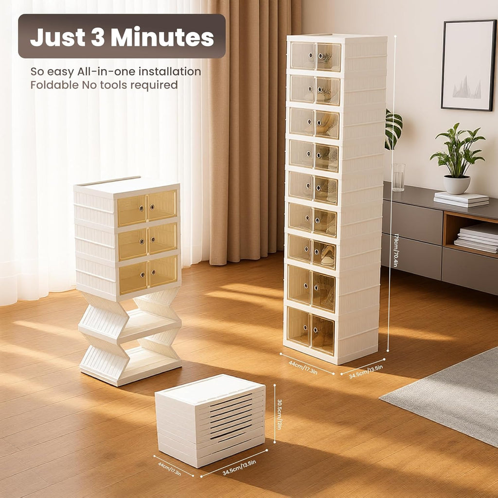 Foldable Shoe Organizer Storage Box, Portable Extra Large Folding Shoe Rack for Closet, Shoe Storage Box with Magnetic Transparent Door and Wheels, 9 Layers 18 Grids with 4 Big Grids