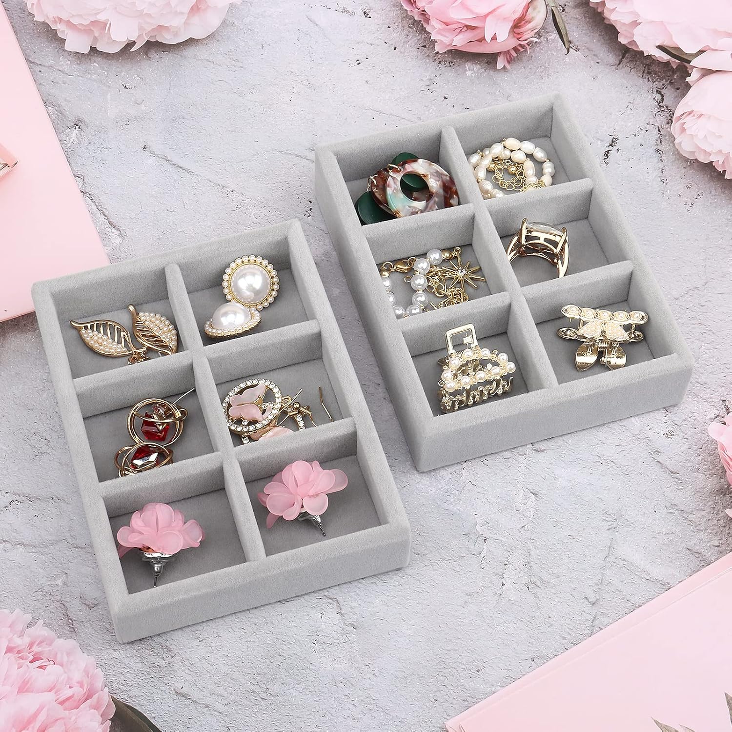 DesignSter Small Jewelry Tray, 2PCS Ring Organizer, Velvet Jewelry Display Tray, Stackable Jewelry Organizer Trays, Jewelry Drawer Organizer Inserts For Dresser, Jewelry Box (Gray)