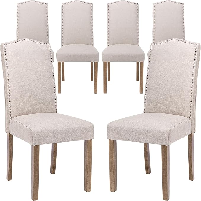 Upholstered Dining Chair Modern Stylish Parsons Kitchen Diner High Back with Silver Nailhead Trim & Wood Legs, Set of 6, Fabric Beige