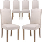 Upholstered Dining Chair Modern Stylish Parsons Kitchen Diner High Back with Silver Nailhead Trim & Wood Legs, Set of 6, Fabric Beige