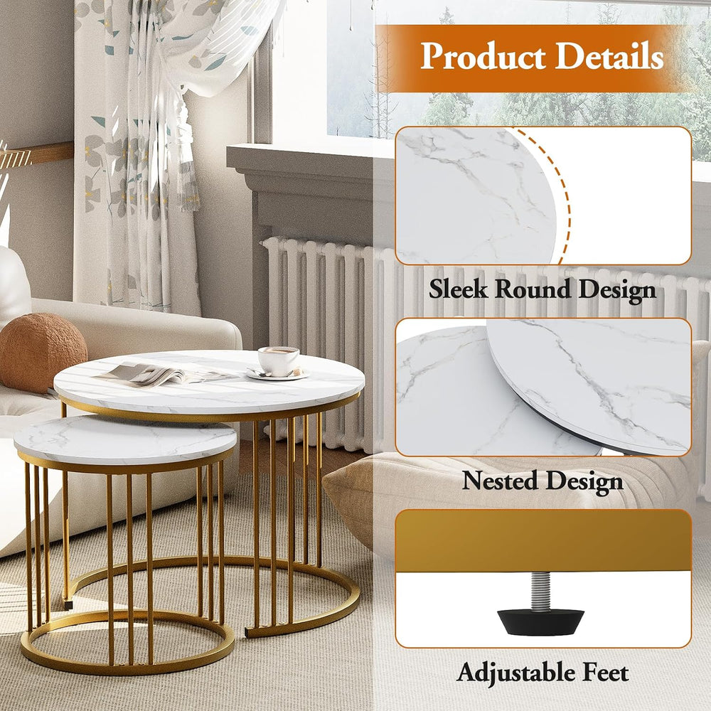 Garden 4 you Coffee Table Faux Marble Nesting Table for Small Place 2 Sets Mo...