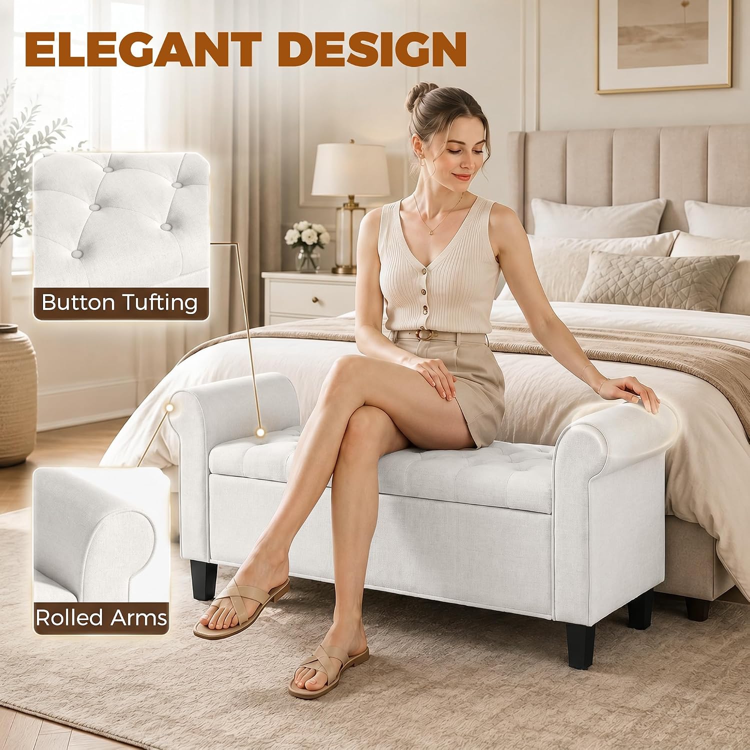 HOMCOM 47" Storage Ottoman End of Bed Bench with Rolled Arms Cream White | Long Ottoman with Storage Chest, Safety Hinge, Wooden Legs, Upholstered End of Bed Bench, Bedroom Entryway Living Room