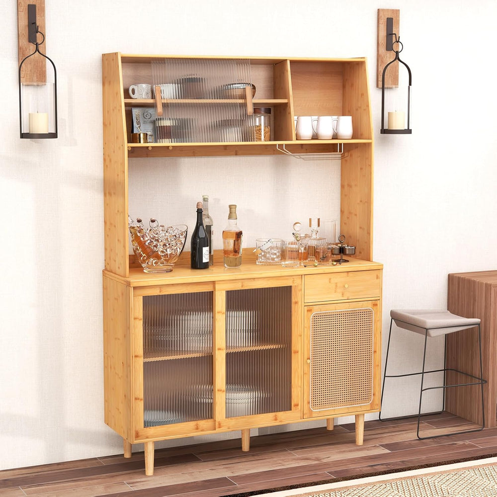 67" Tall Kitchen Pantry Storage Cabinet, Bamboo Hutch Cabinet with Micro...