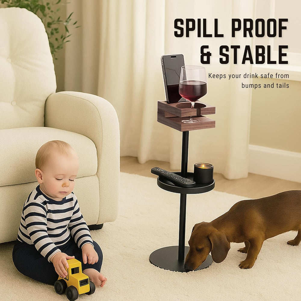 Drink Table for Small Spaces - Slim Pedestal Side Table with Real Wood Top &a...
