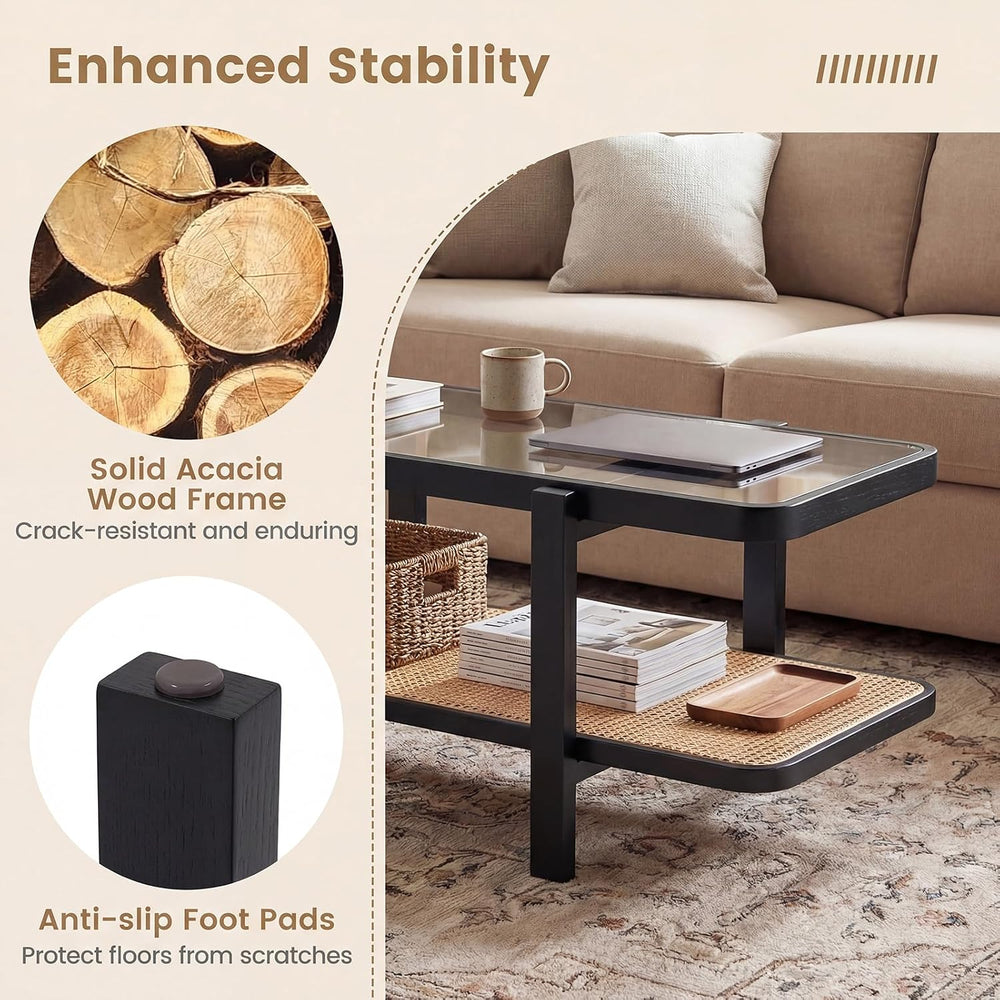 GOFLAME Rattan Coffee Table, 47.5” Solid Wood Center Table with Tempered Glas...