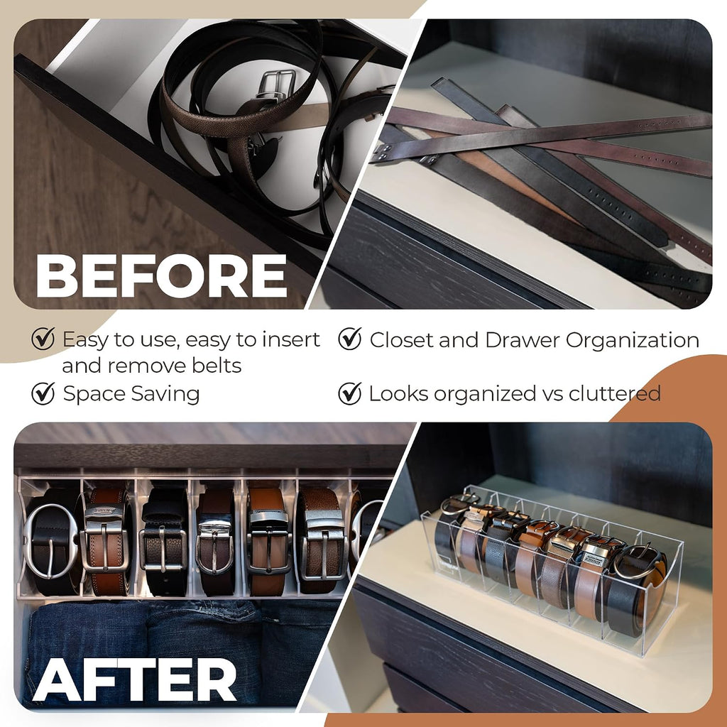 Targum Extra-Wide Belt Organizer for Large Buckles – 7-Compartment Clear Acrylic Belt Holder for Closet, Drawer & Dresser Storage