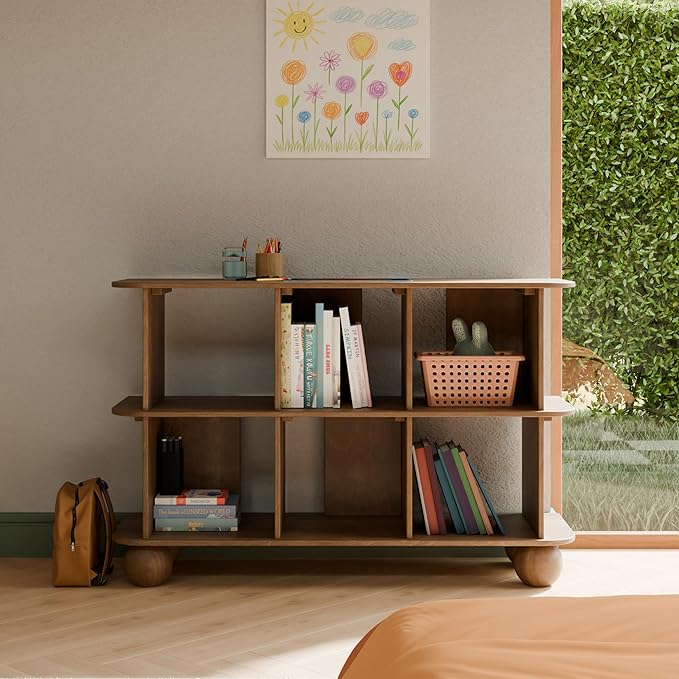 Babyletto Bondi Assembled Open Bookcase Kids Book Case w/Wide 6-Cube Montessori Wooden Book Shelves for Bedroom/Playroom/Living Room/Office - Modern Wood Bookshelf - Natural Walnut