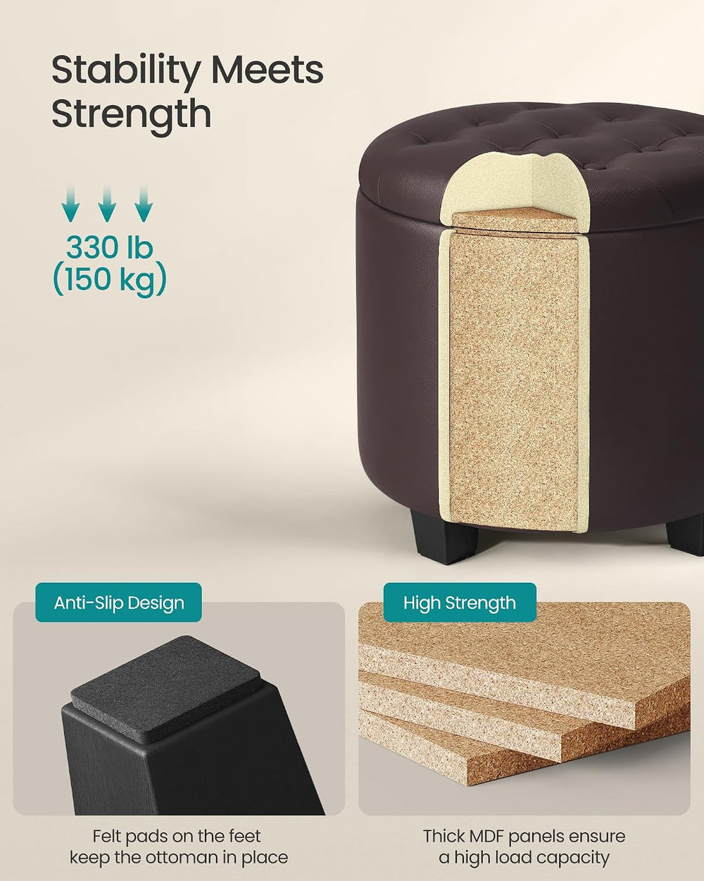 SONGMICS Round Ottoman, Ottoman with Storage, 17.7 x 17.7 x 17.5 Inches, Foot...