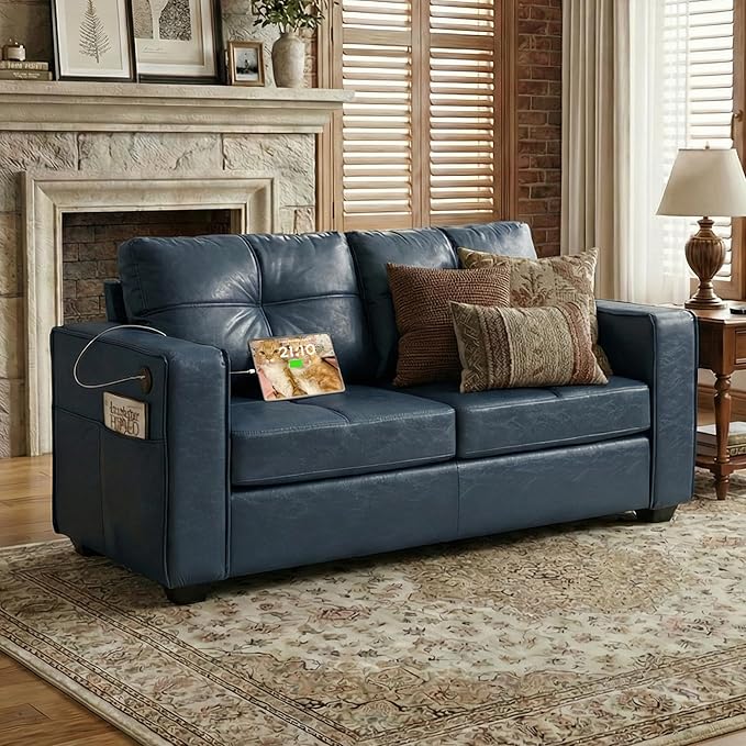 TYBOATLE 65" Blue Faux Leather Loveseat for Bedroom, Mid-Century Modern Tufted Comfy Loveseat w/USB Charging Ports and Wide Arms, 2 Seat Office Small Couch