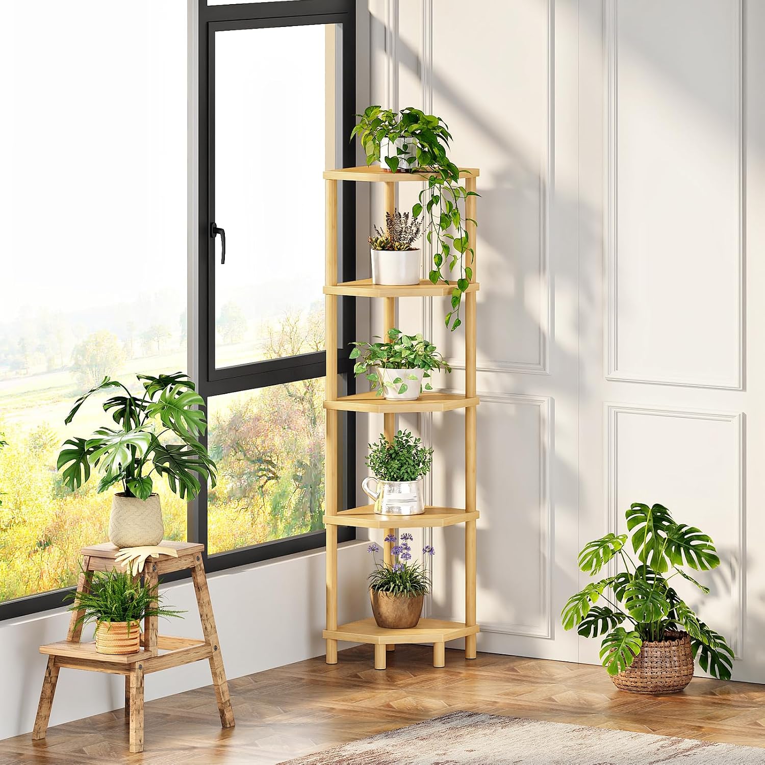 HOOBRO Blanket Ladder and Corner Shelf Stand Bundle, Decorative Ladder Shelf with 4 Removable Hooks, Corner Shelves Display Shelf for Living Room, MA51CJ01G1-YL108CJ01