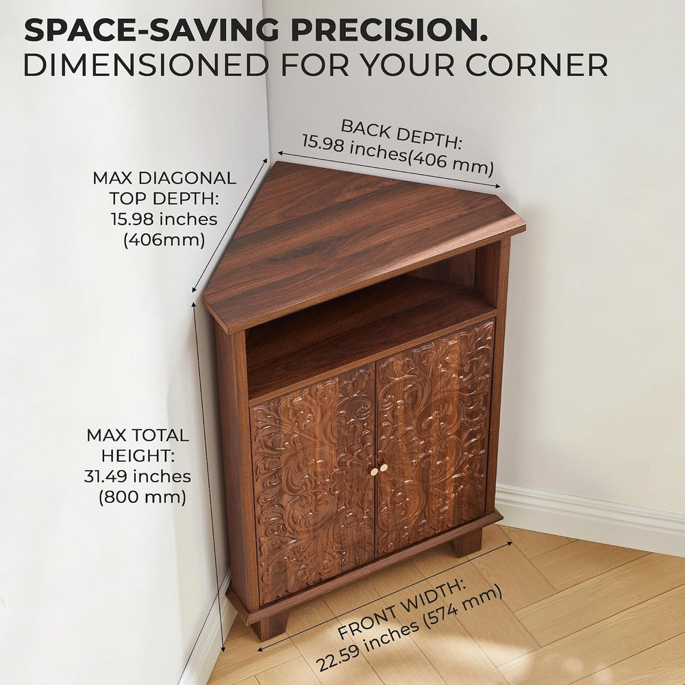 Corner Storage Cabinet, 31.5" Floral Accent Cabinet, Small Spaces, Walnut